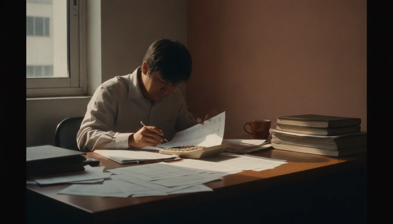 A bookkeeper reconciling printed bank statements with a calculator at a desk in a Mexico City office, afternoon light