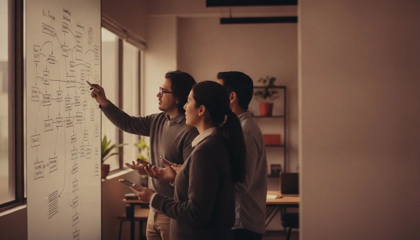 Senior software engineers in a Guadalajara office discussing architecture at a whiteboard covered in boxes and arrows