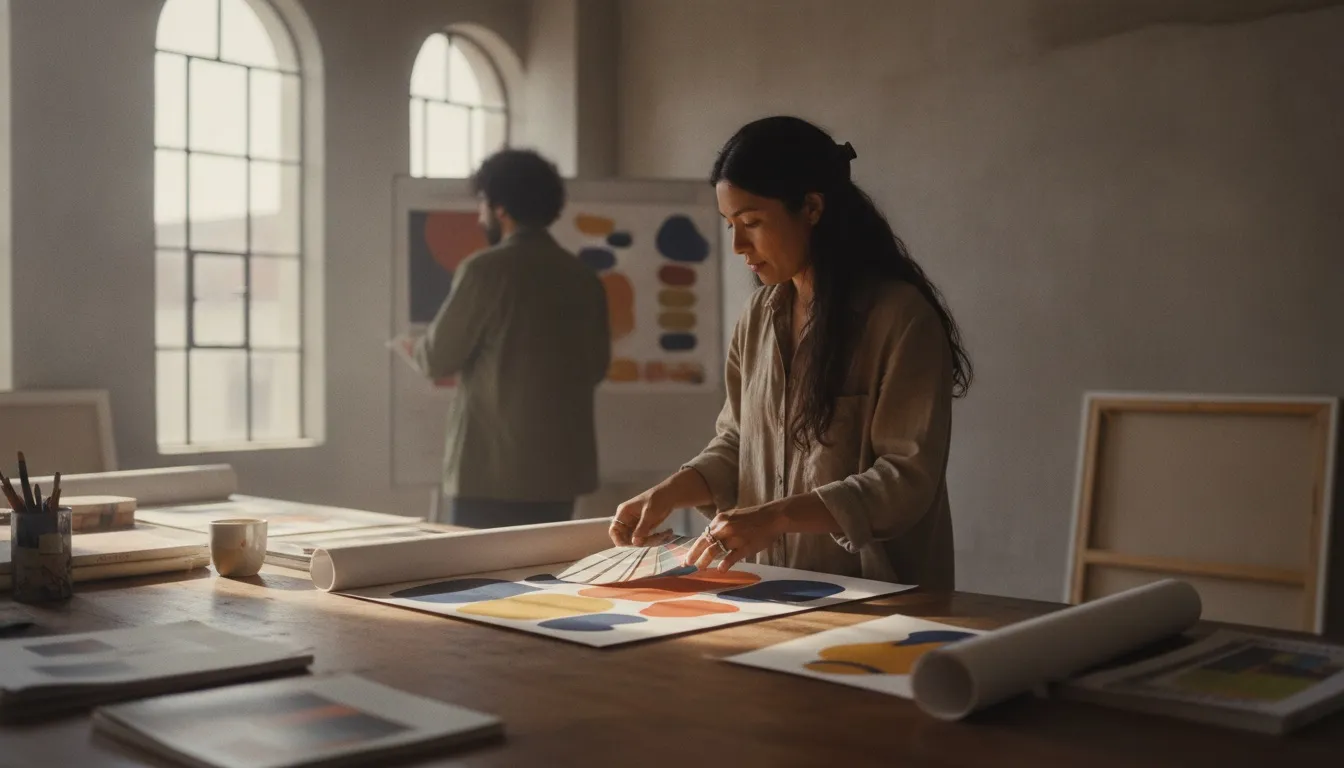 A graphic designer comparing printed color swatches and poster proofs on a large table in a Mexico City studio, natural window light