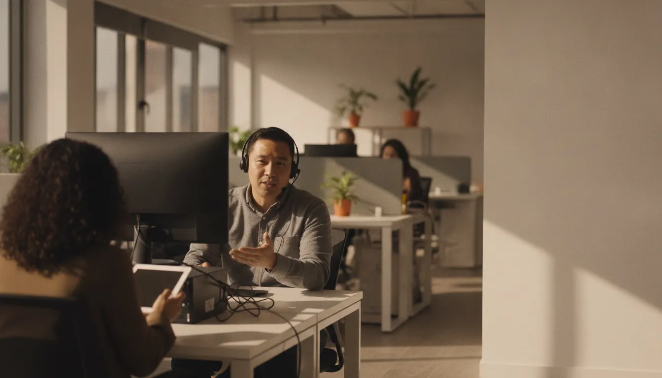 An IT support technician with a headset explaining a fix to a colleague at her desk in a bright open office