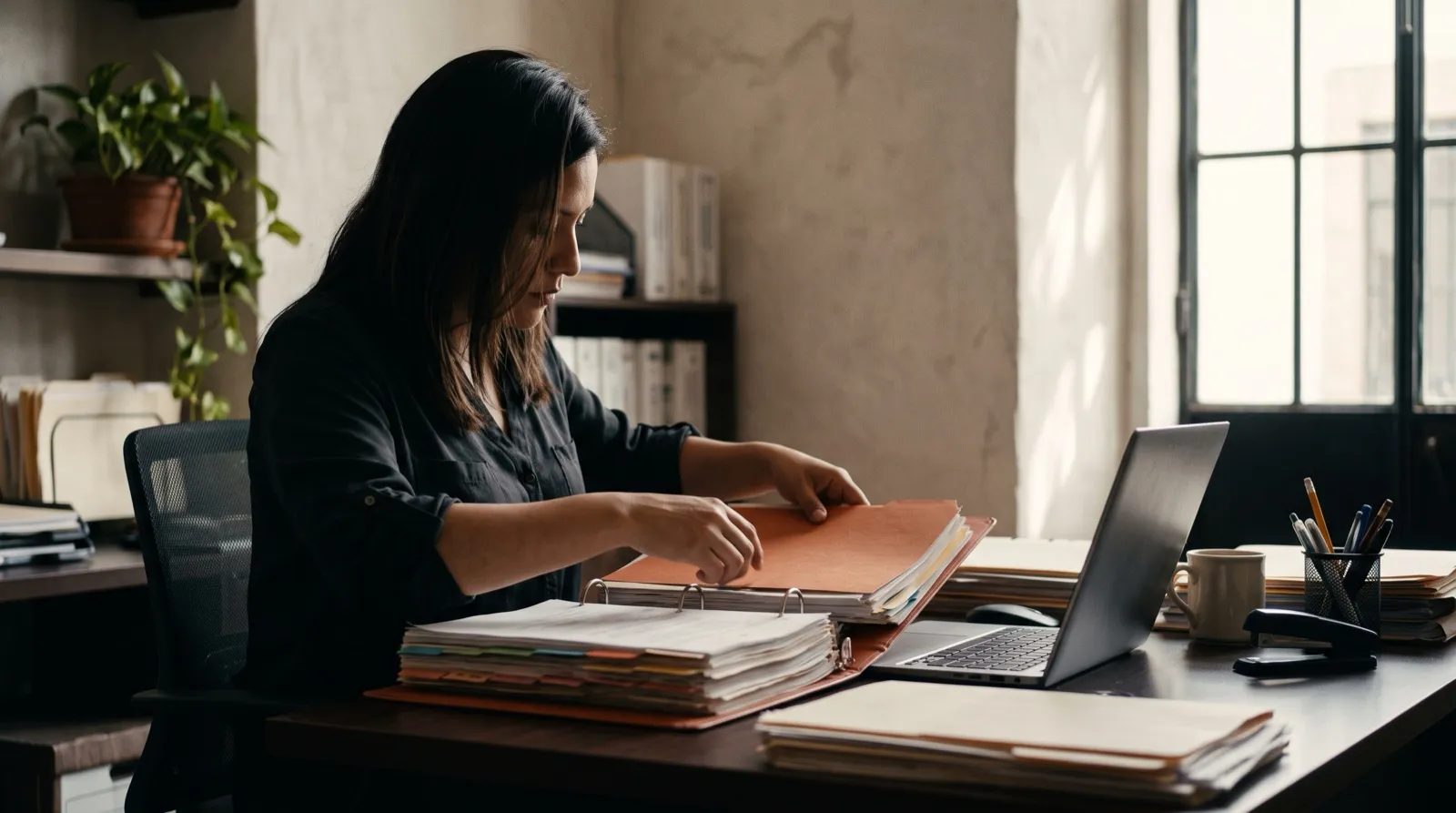 A legal assistant organizing tabbed case binders beside a laptop at a desk in a Guadalajara office, late morning light