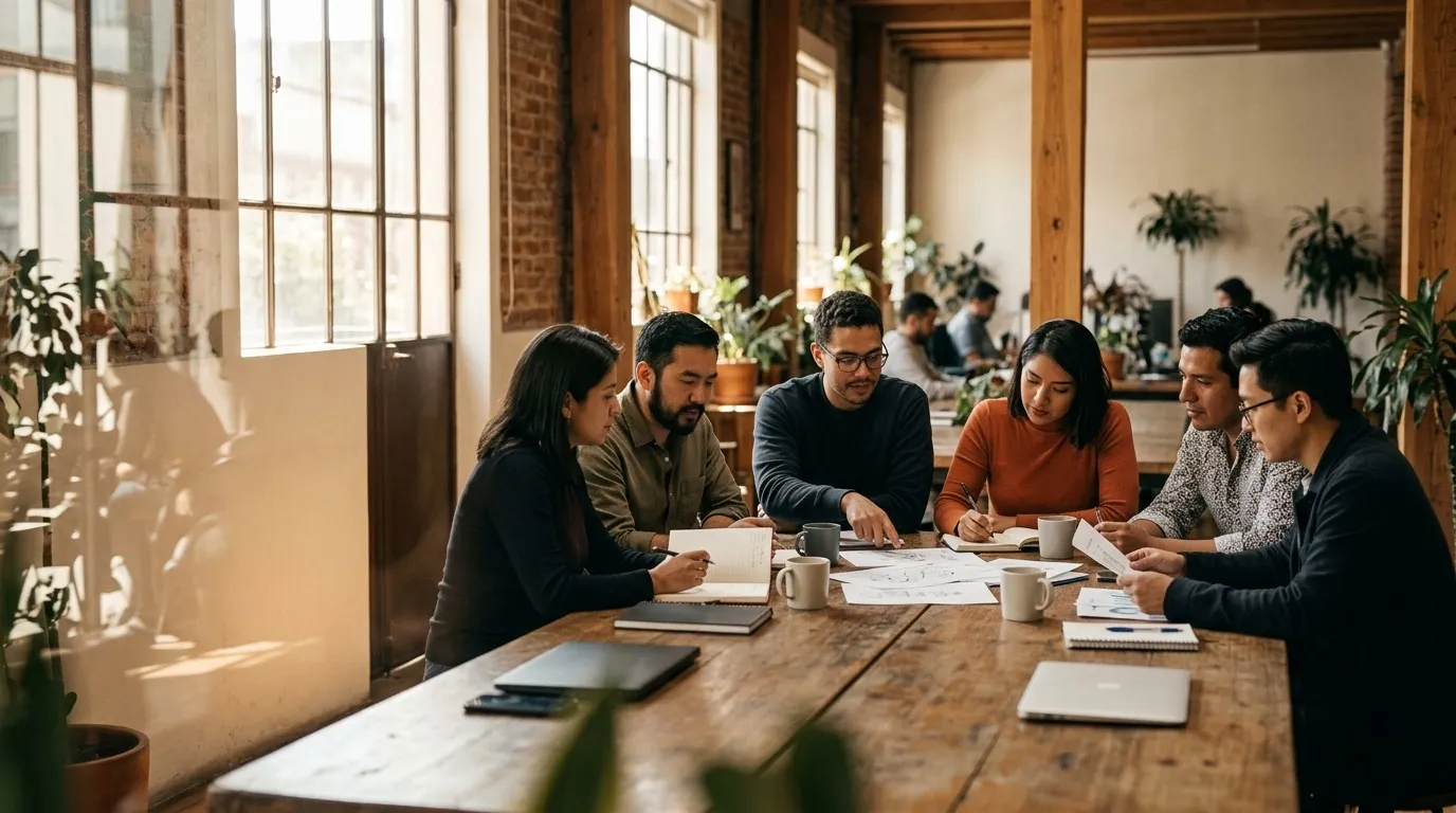 A sunlit coworking space in Mexico City with a team collaborating around a long table