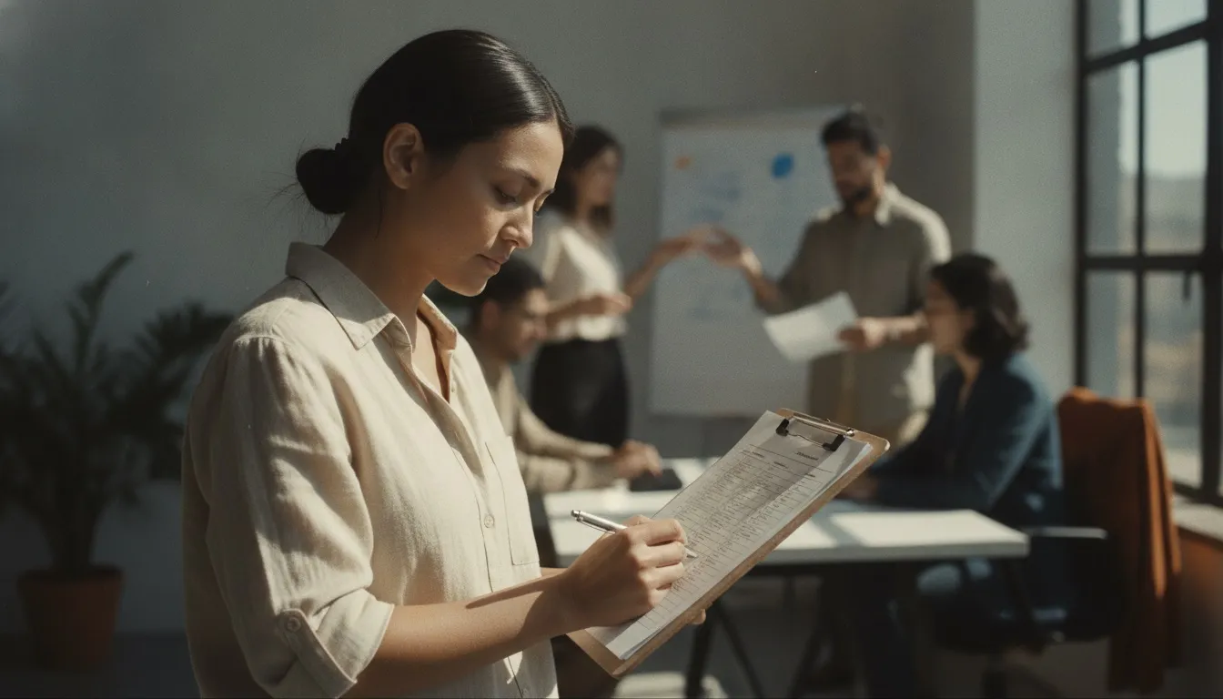 An operations lead ticking items on a printed checklist on a clipboard in a sunlit office, team softly out of focus