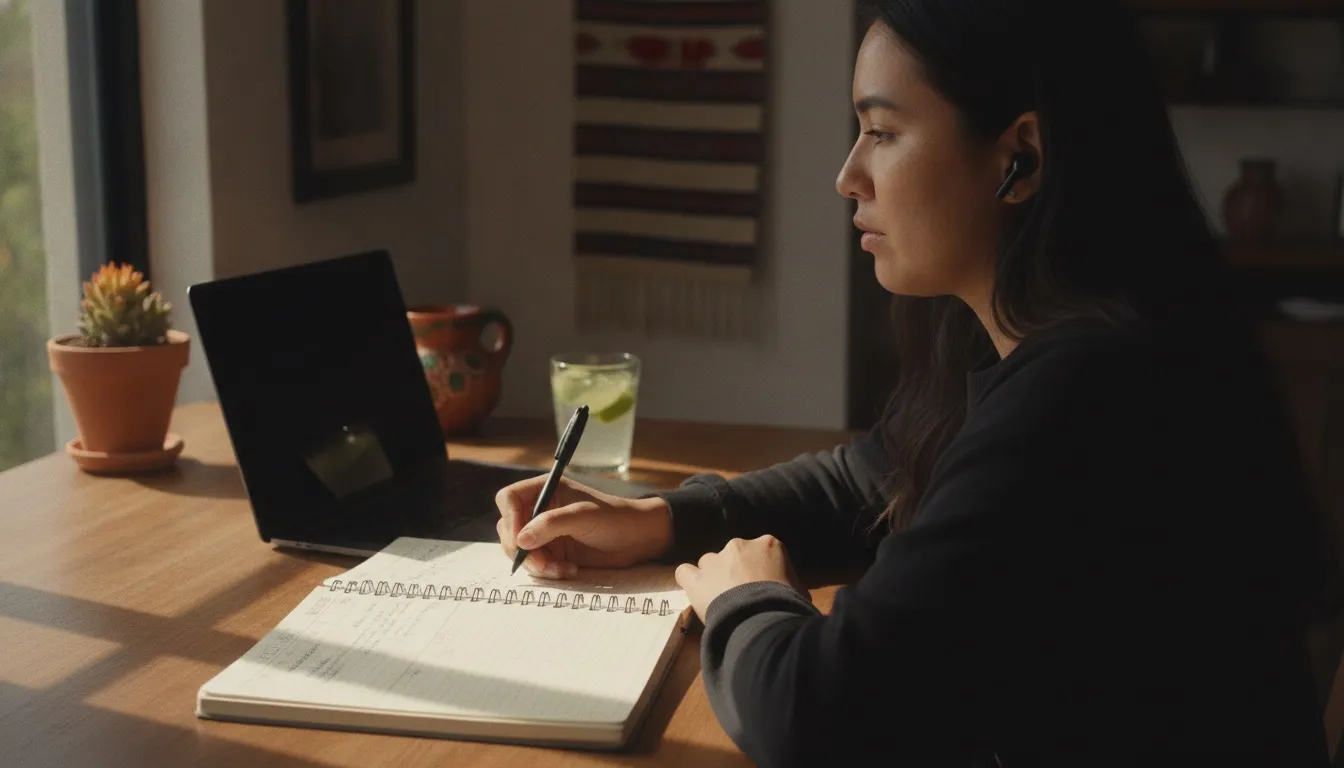 A virtual assistant with an earbud taking notes in a planner at a sunny home desk, laptop beside her
