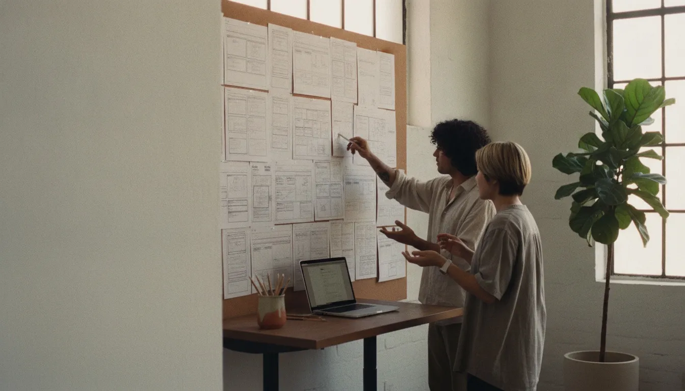 Two designers reviewing website wireframes printed and pinned to a wall in a bright Guadalajara studio, laptop open on a standing desk