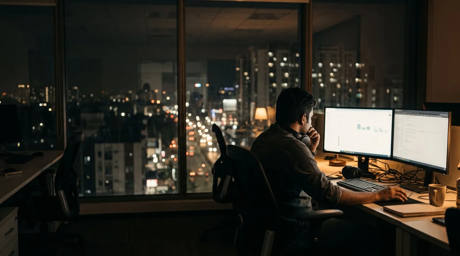 An engineer reviewing results on two monitors late in the evening in a Bangalore office, headphones around the neck and city lights outside