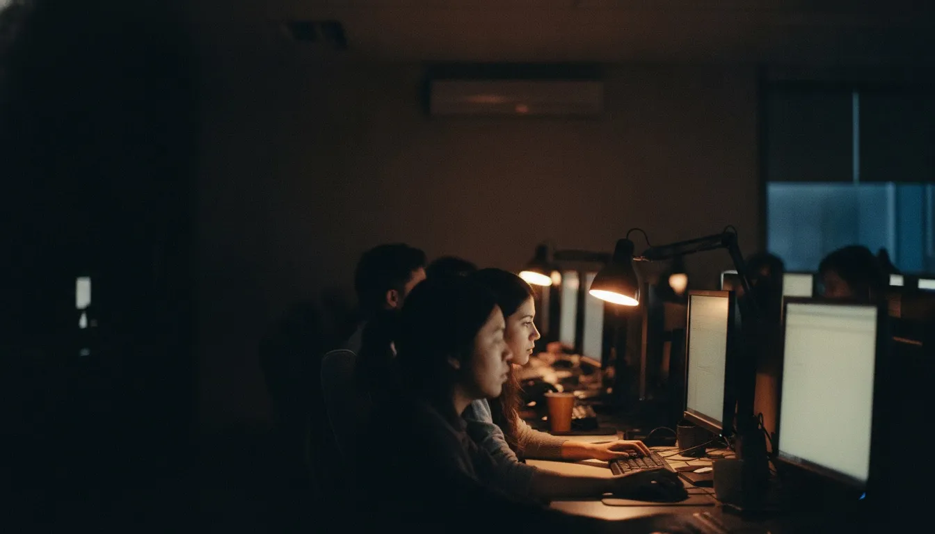 Rows of annotators working quietly at monitors in a night-shift office in Manila, desk lamps glowing, screens too soft to read