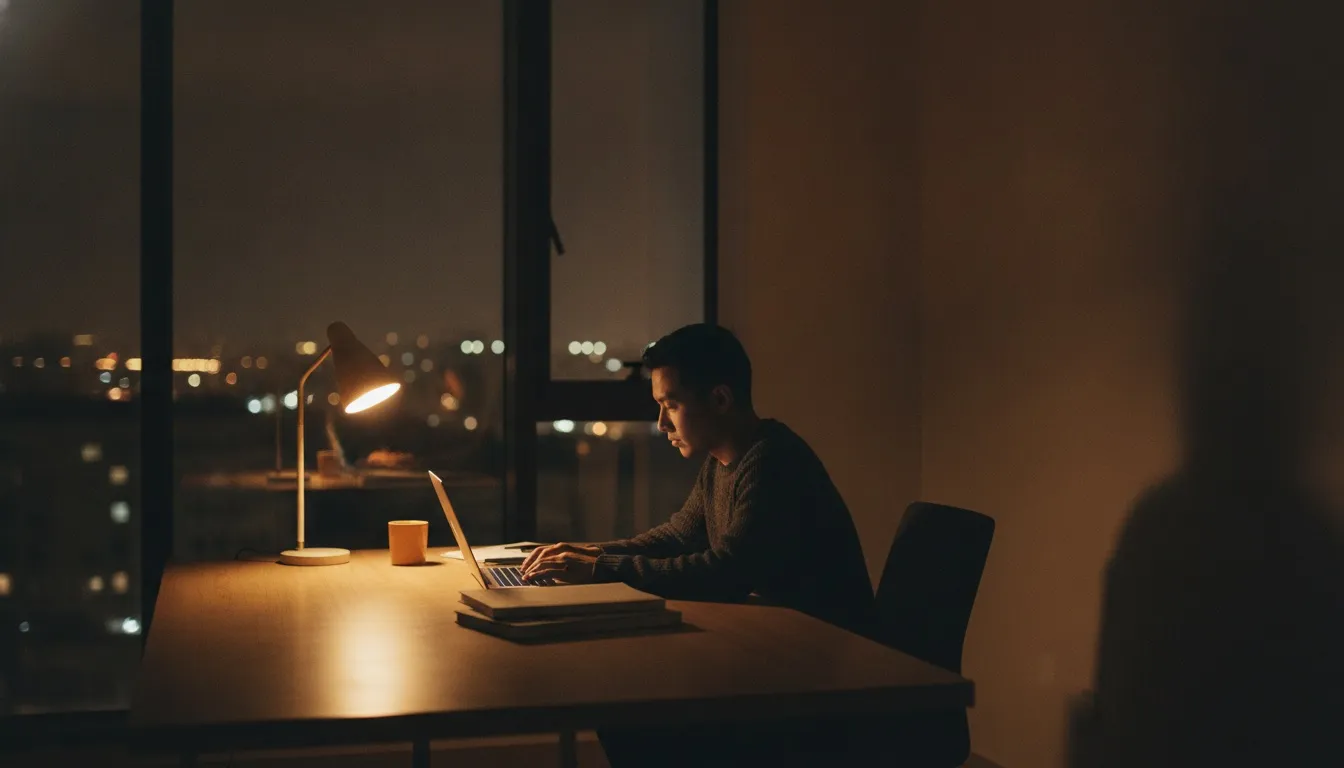 A marketing specialist building a report on a laptop at night in a quiet Cairo office, warm desk lamp and city lights outside
