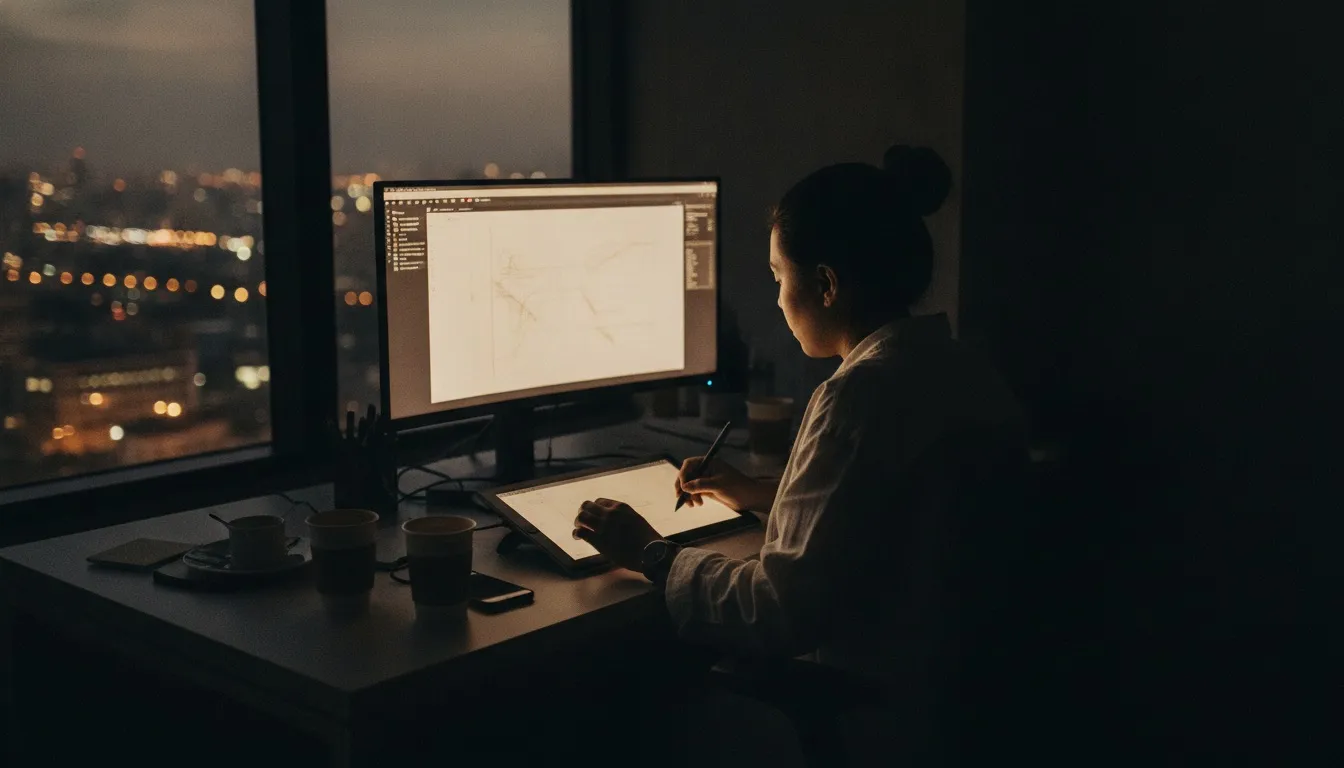 A designer working with a pen tablet at a desk late in the evening in a Manila office, monitor glow and city lights through the window