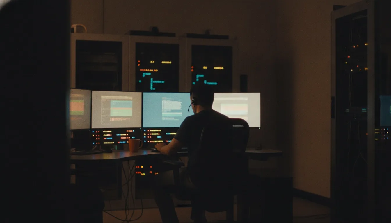 A night-shift IT technician monitoring several screens in a dim network operations room, status lights glowing, screens too soft to read