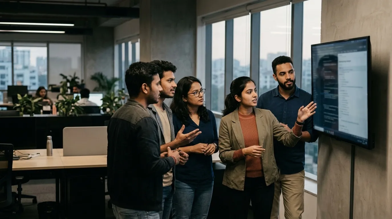 An engineering team in Bengaluru at a stand-up around a screen in a modern office
