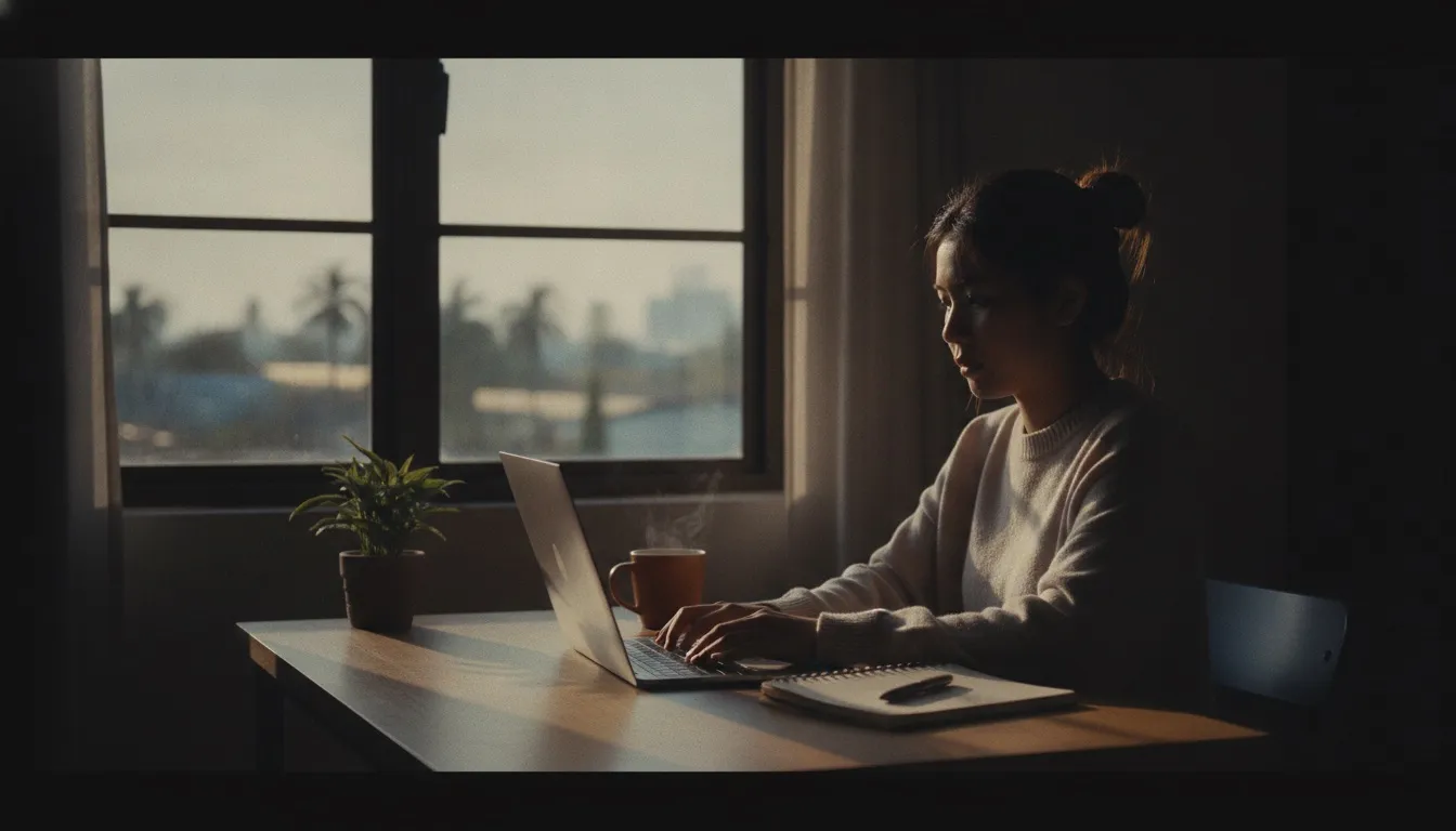 A virtual assistant working at dawn at a home desk in Manila with a laptop and a planner, early window light