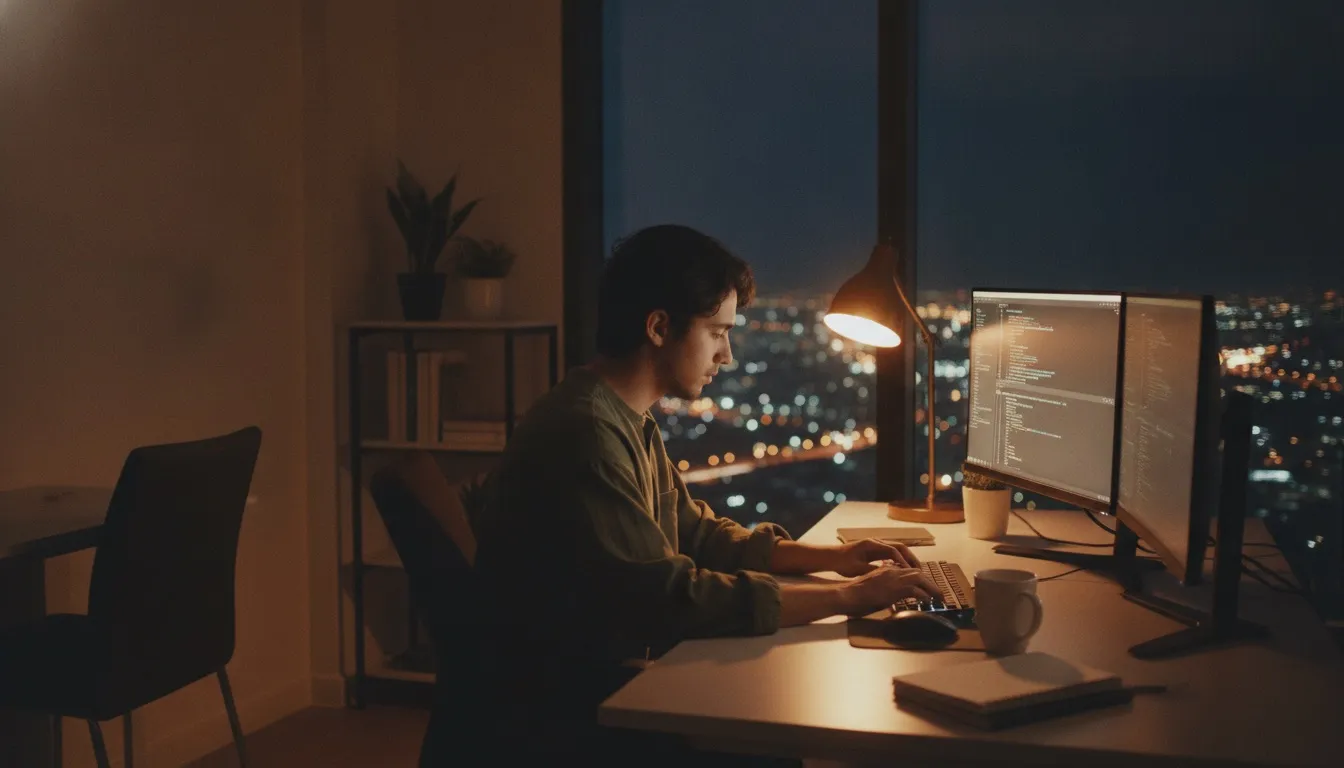 A web developer working late at a desk with two monitors in a quiet office in Manila, city lights through the window