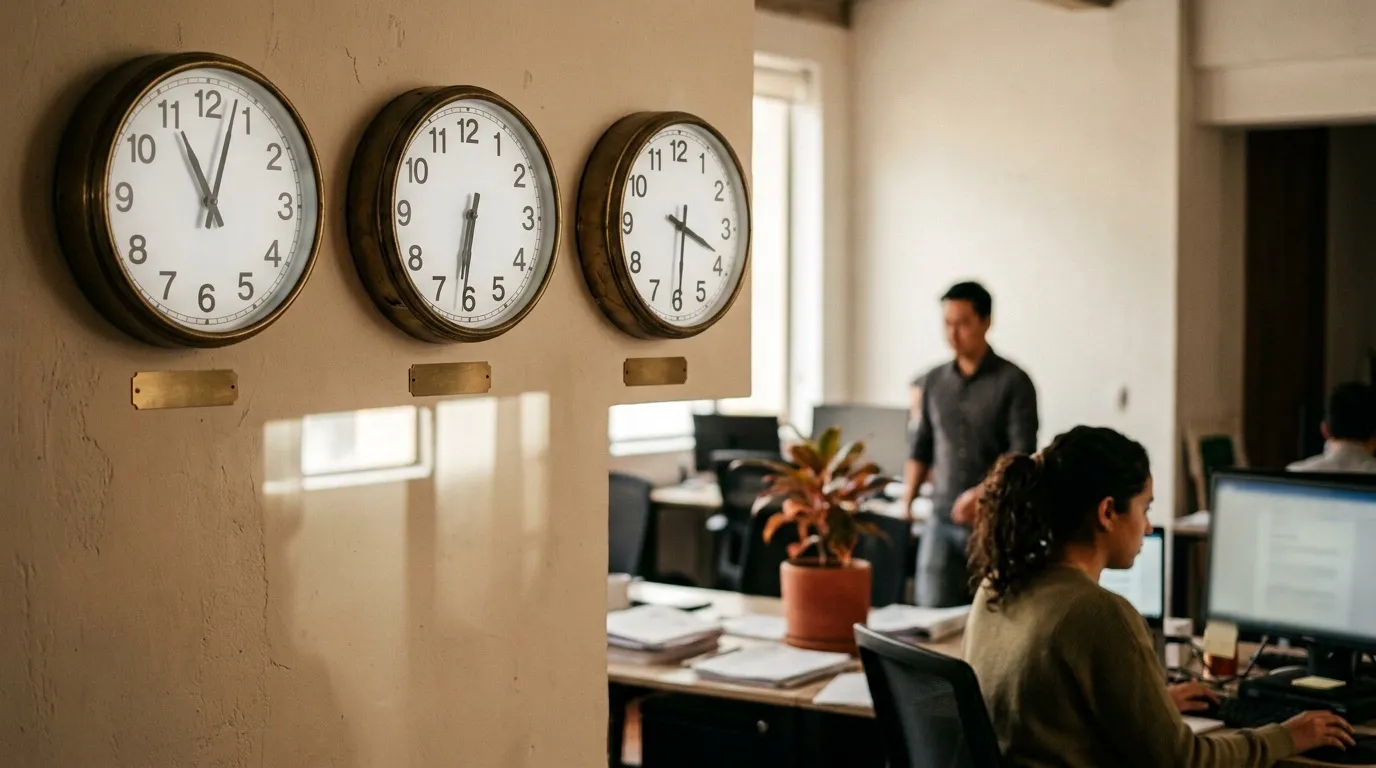 Three wall clocks side by side in an office showing different time zones