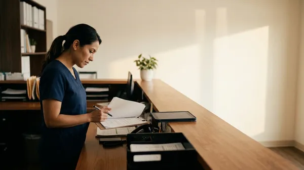 La recepción de una clínica con una enfermera revisando documentos junto a una tableta