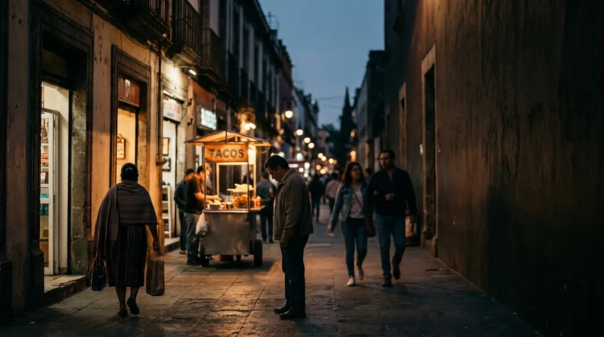 A street in Mexico City at dusk with warm shop lights and passers-by