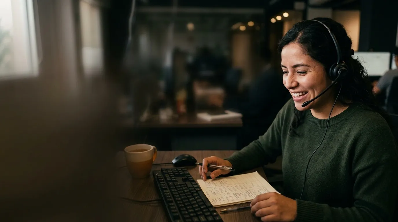 A sales caller with a headset smiling while speaking, a printed call list beside the keyboard