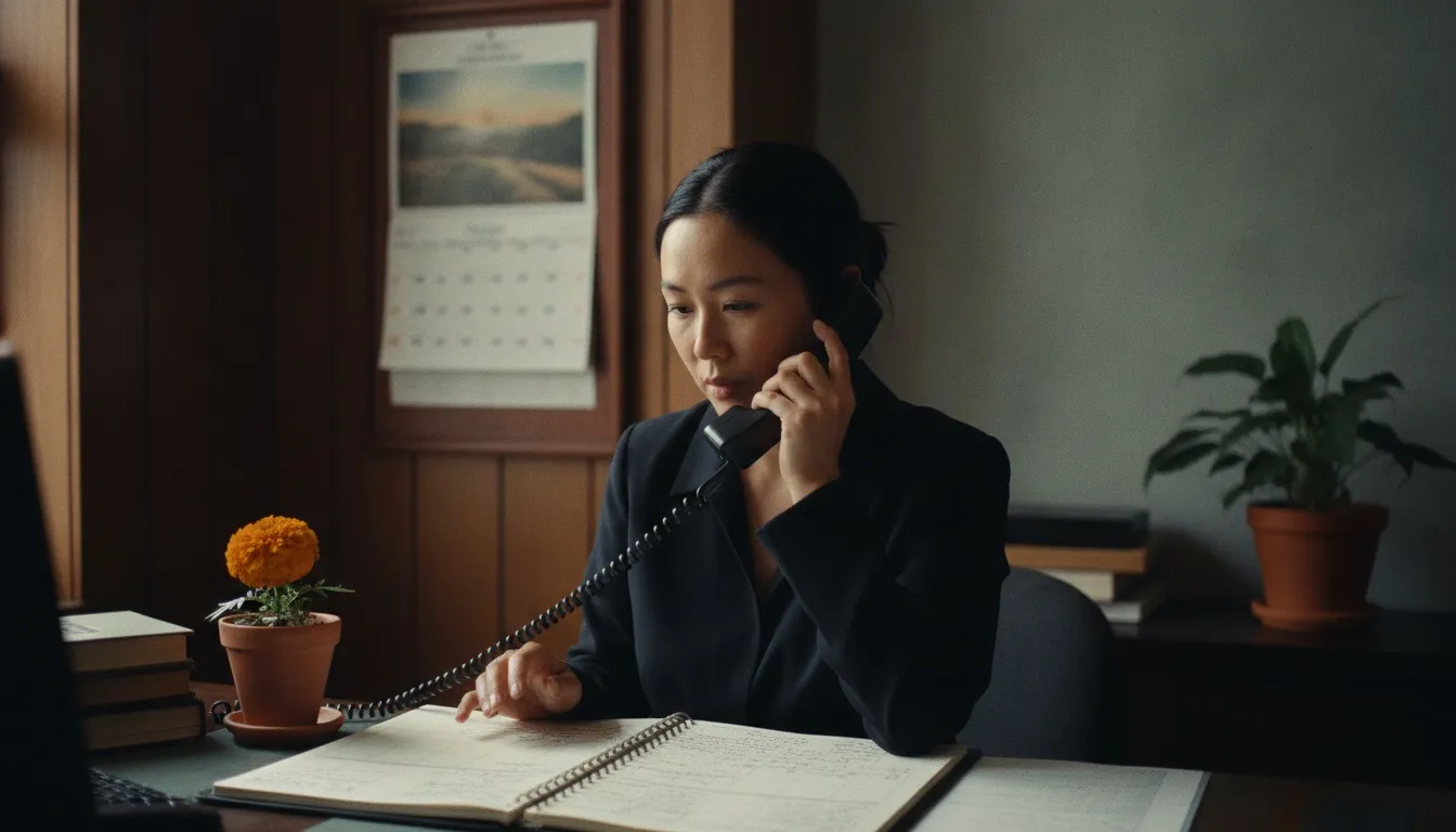 A receptionist booking an appointment by phone with a paper planner open and a wall calendar behind