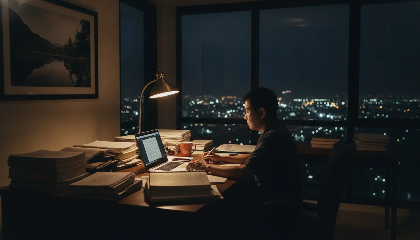 Un contador trabaja de noche conciliando registros en papel y en su laptop en una oficina tranquila en Manila, con luces de la ciudad por la ventana