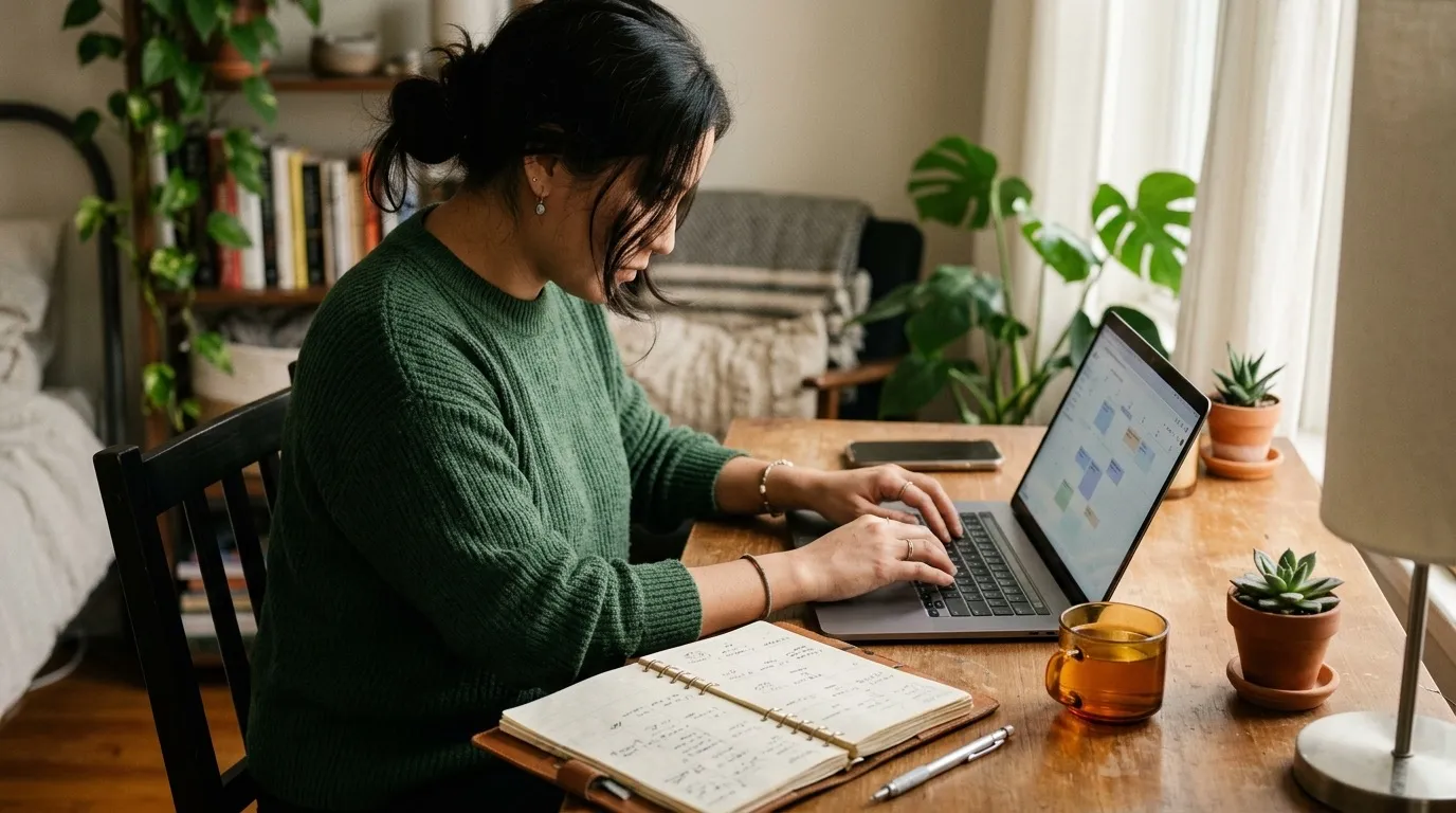 Una asistente organizando una agenda en su laptop en un escritorio en casa