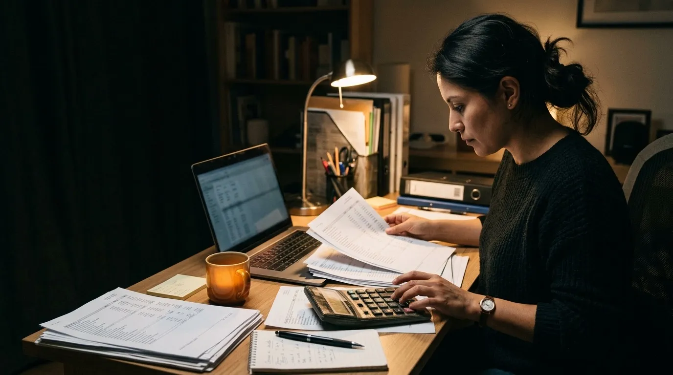 Una contadora conciliando estados de cuenta impresos con calculadora y laptop