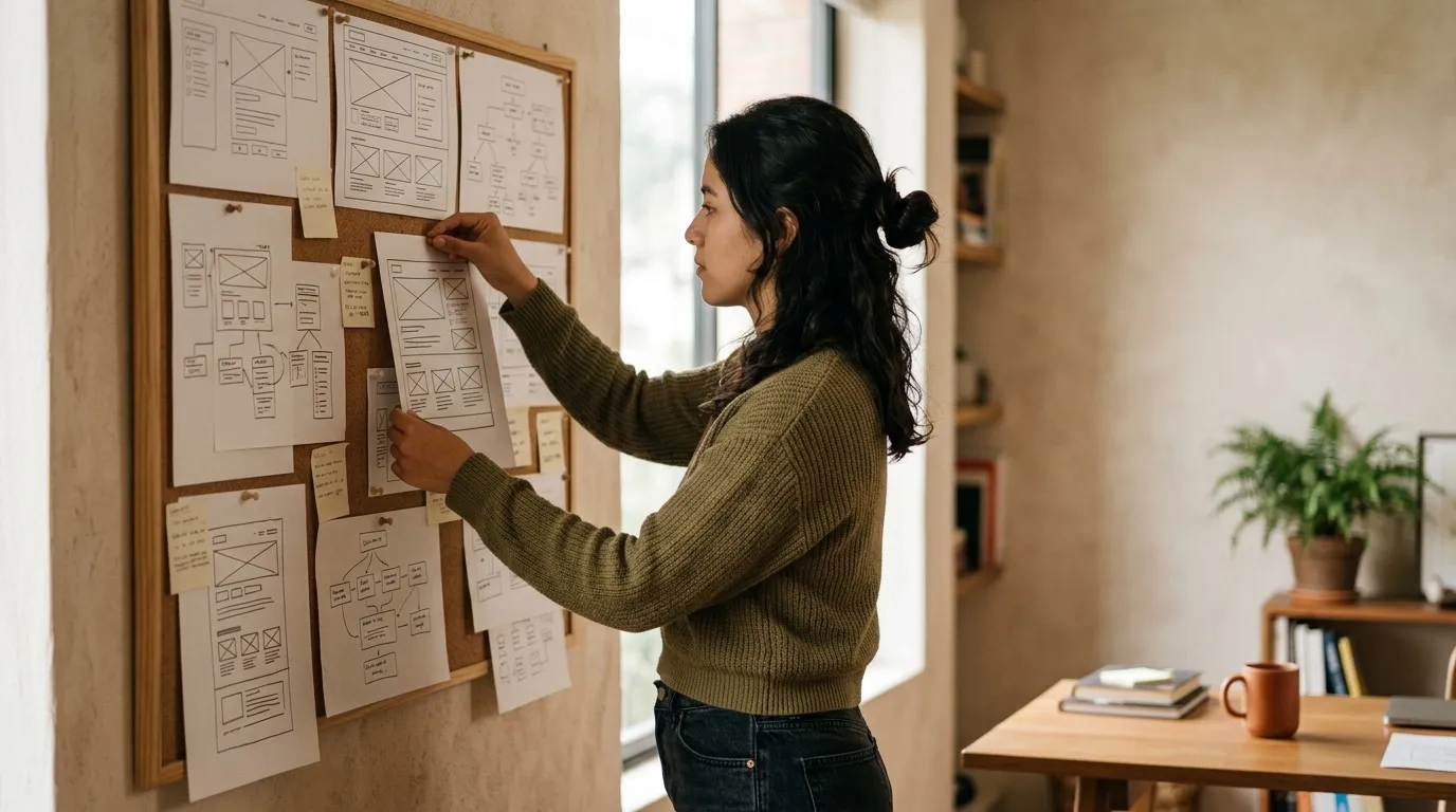 Un diseñador web acomodando wireframes impresos en un corcho