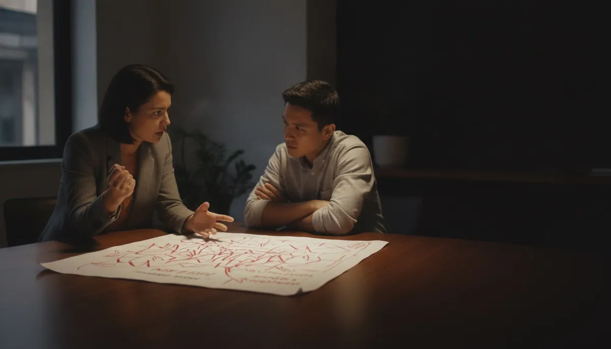 Two colleagues debating across a meeting table over a printed brief covered in red pen marks