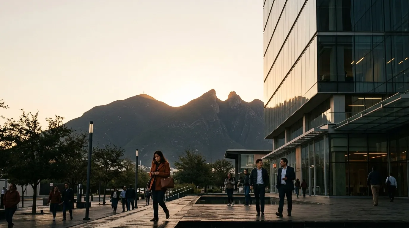 A modern office building in Monterrey at sunrise with mountains behind