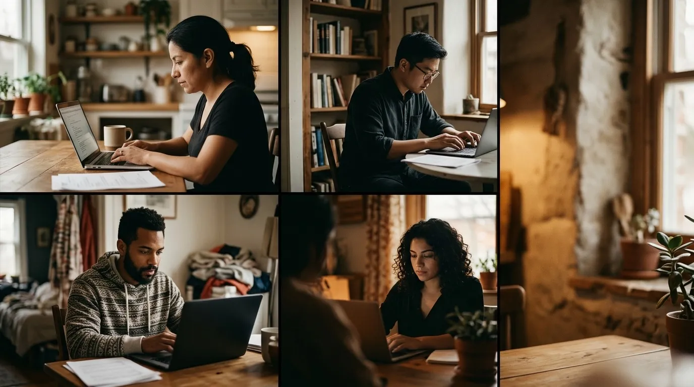 Varias personas en casa respondiendo dudas de clientes en sus laptops, cada una en su mesa con luz cálida