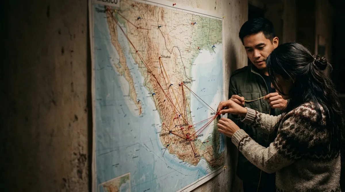 A large printed map of Mexico on a wall with pins and string connecting cities