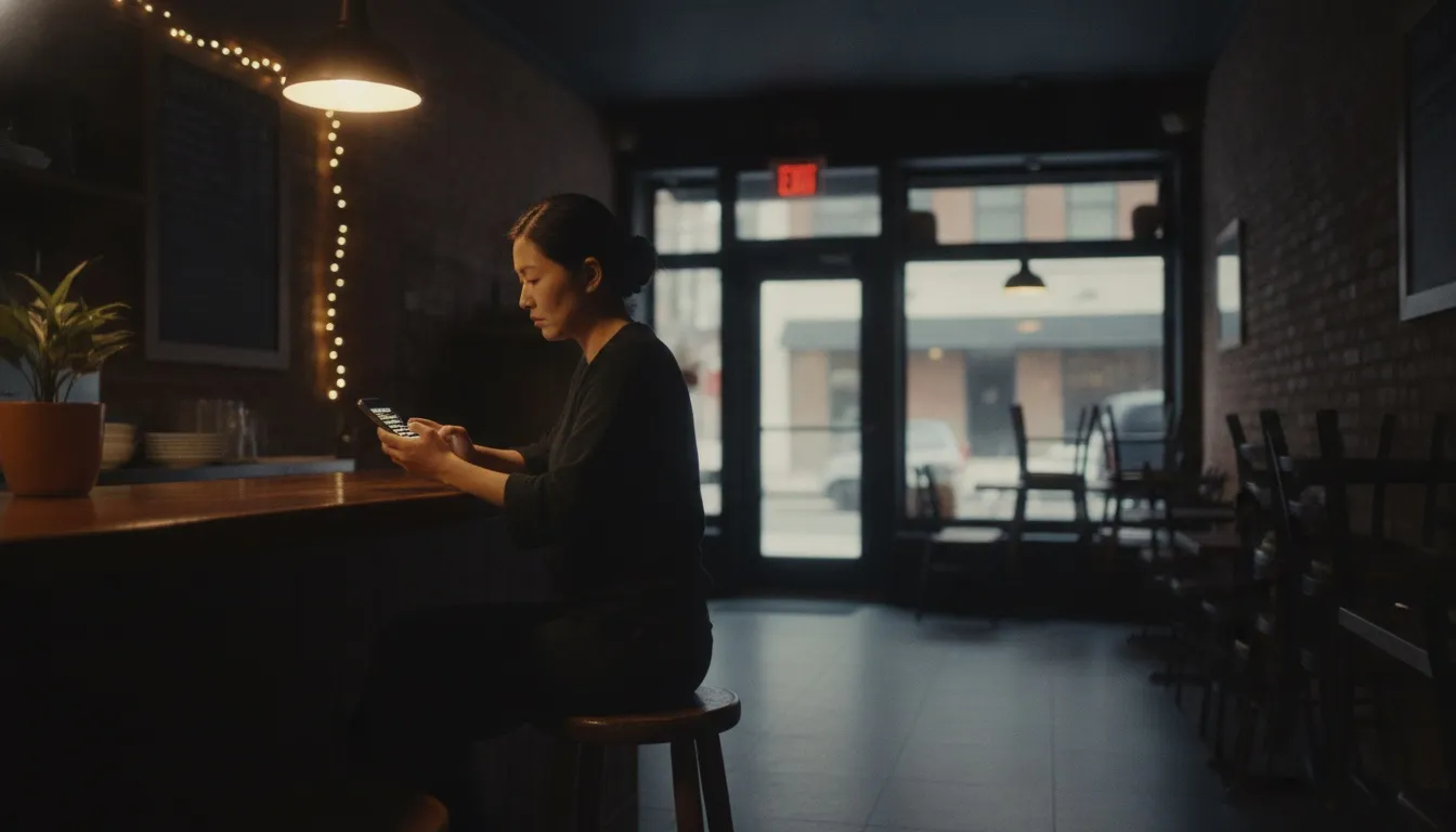 A small restaurant owner reading customer reviews on a phone at the counter after closing, warm low light