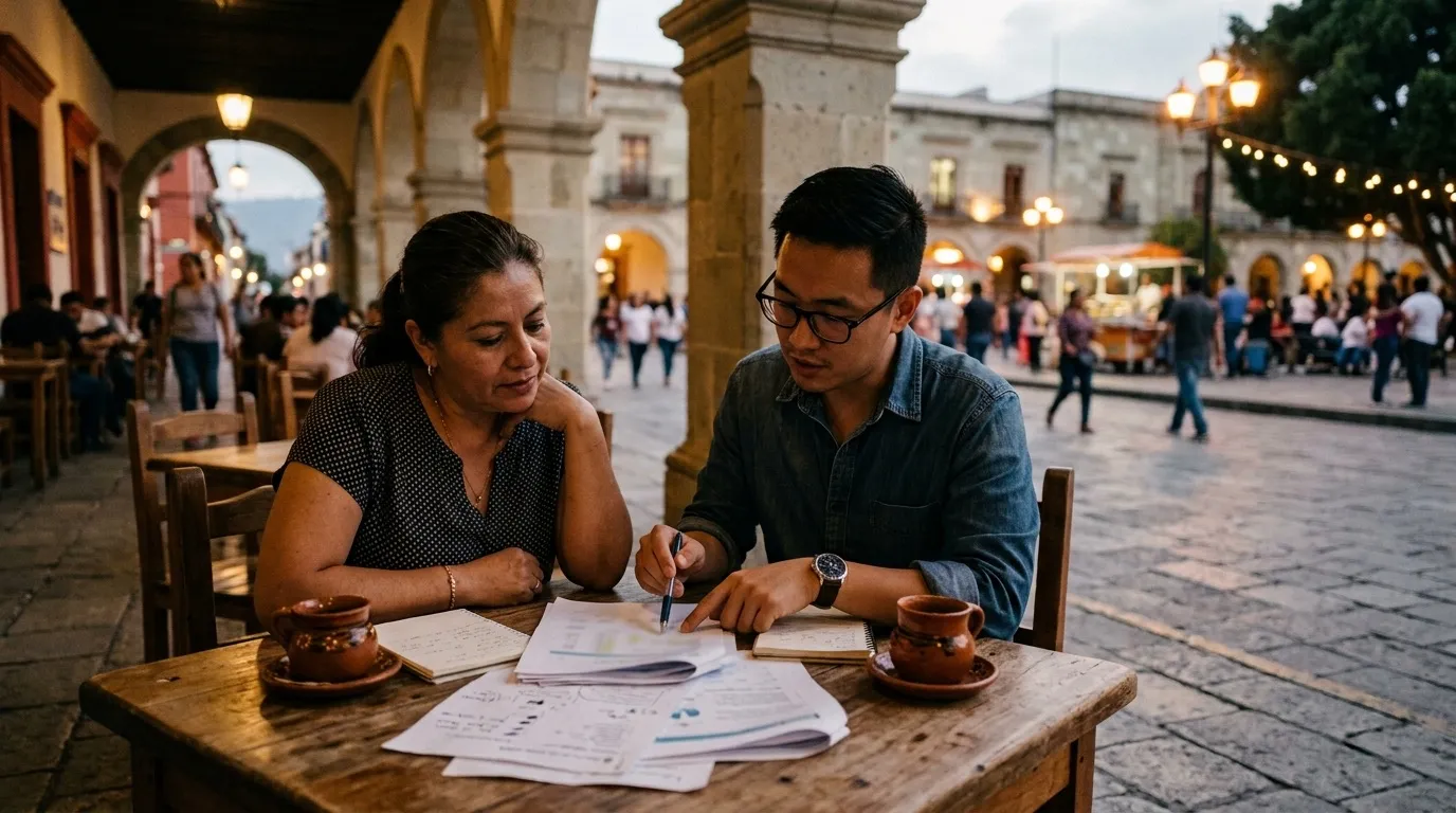 A local business owner and an SEO consultant reviewing printed search results at a café table in a Mexican plaza