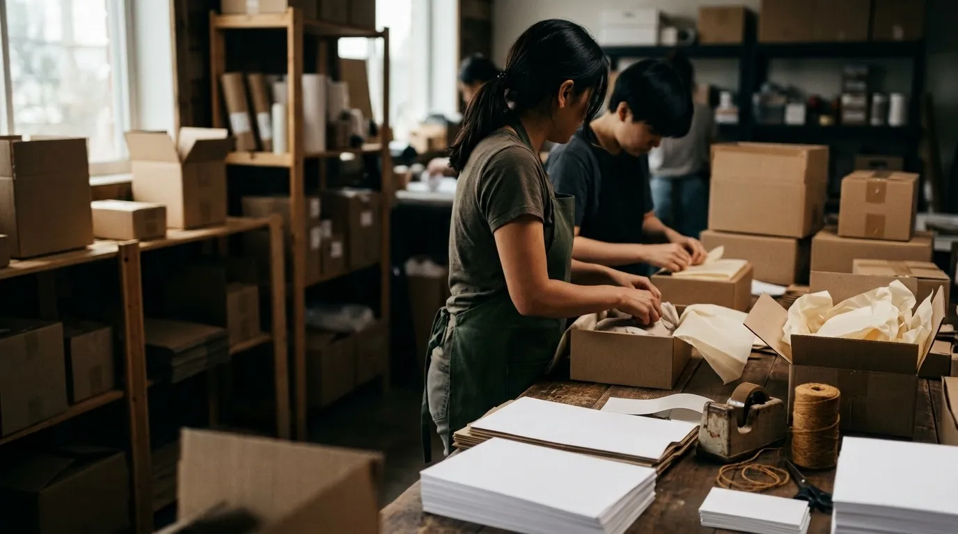 Packed online-store orders with kraft boxes and tissue paper on a workbench