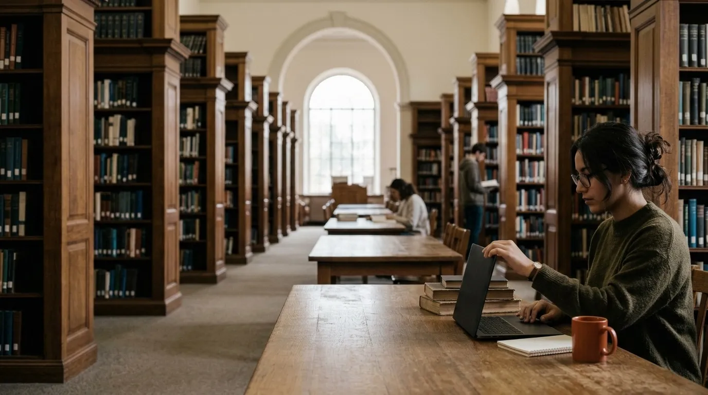 A reader opening a laptop in a quiet university library with tall wooden shelves