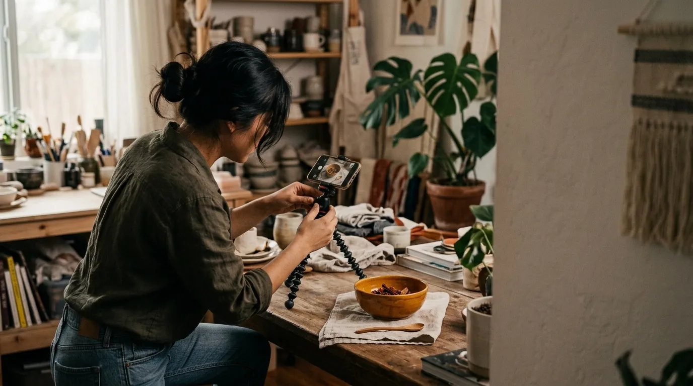 A creator filming a product on a phone mounted on a small tripod in a home studio