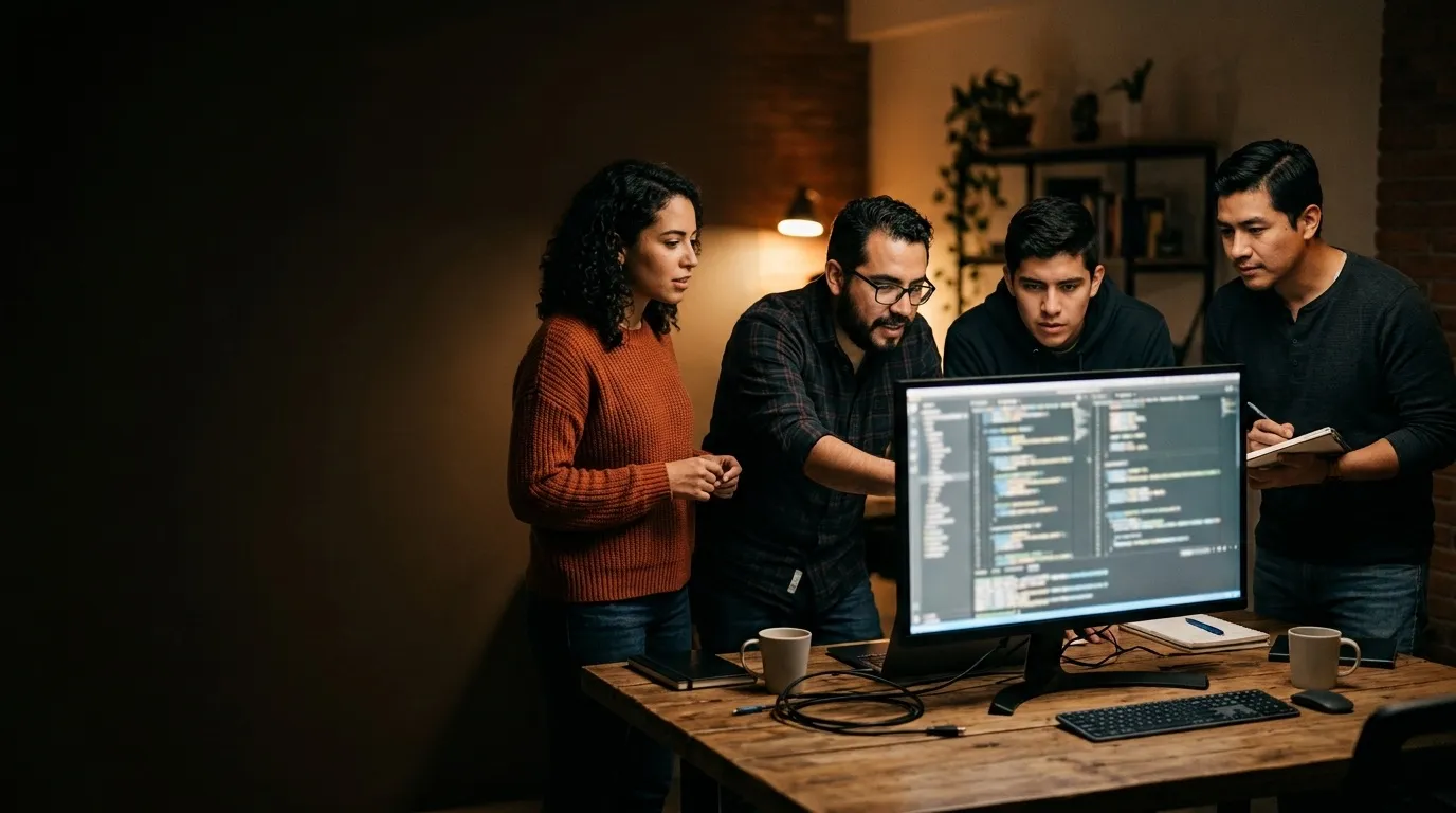A dedicated software team in a Guadalajara office reviewing work together at a large monitor