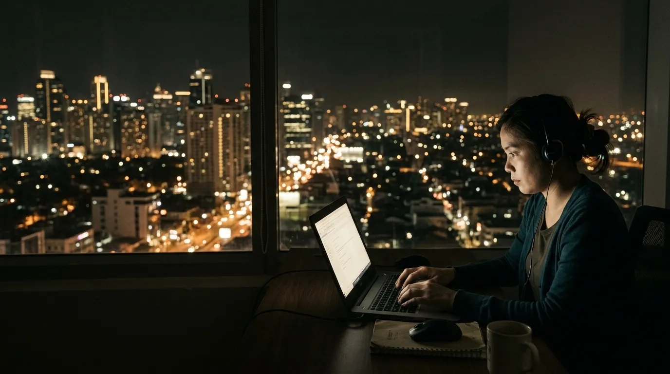 Una agente de soporte en Manila respondiendo tickets por email, con la ciudad de noche por la ventana