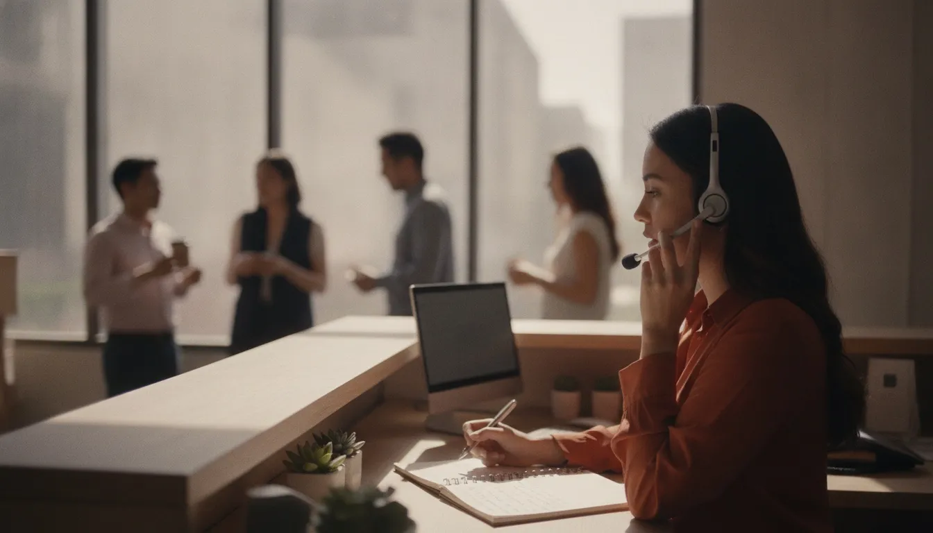 A bilingual receptionist with a headset mid-call at a front desk in a bright Mexican office, handwritten notes on a notepad