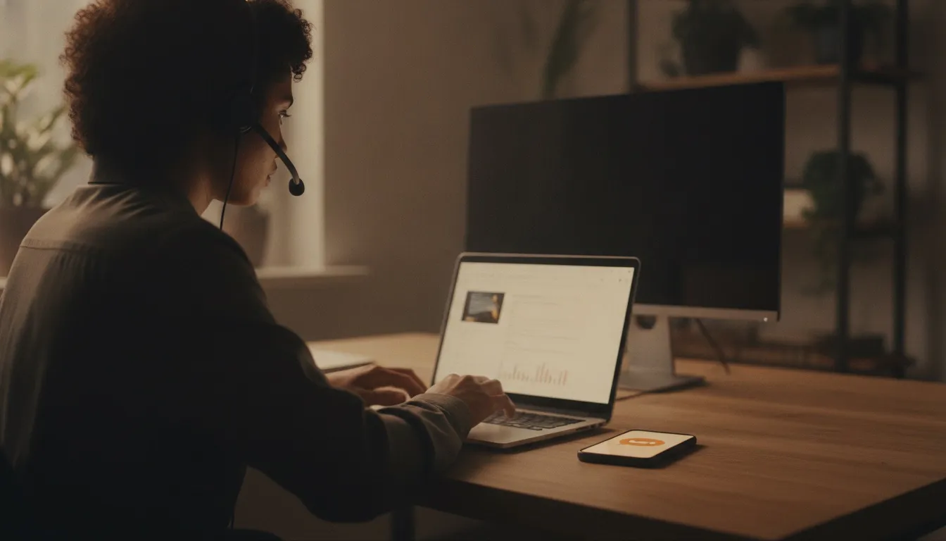 Un agente con diadema retoma la conversación de un cliente en su laptop, con un teléfono sobre el escritorio