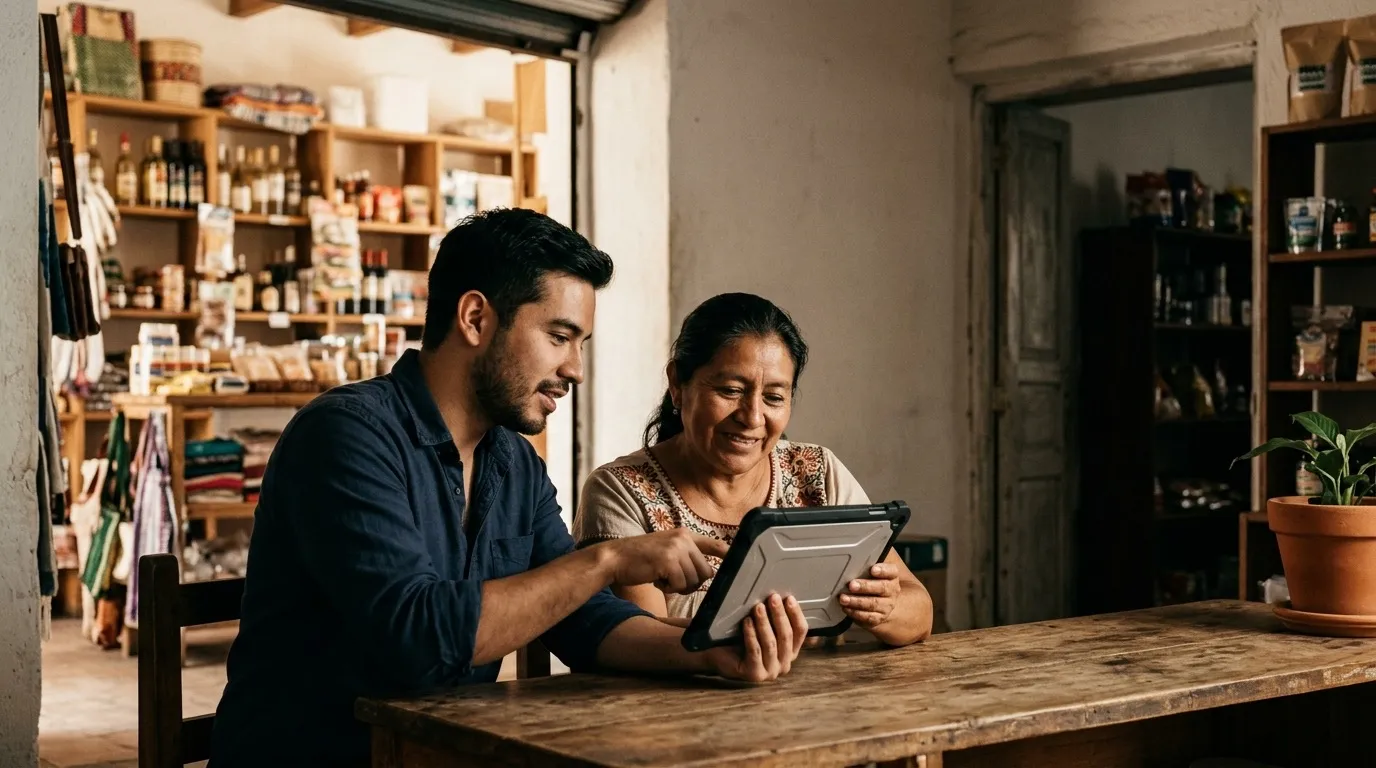 A web designer showing a shop owner a new website on a tablet in a small Mexican storefront