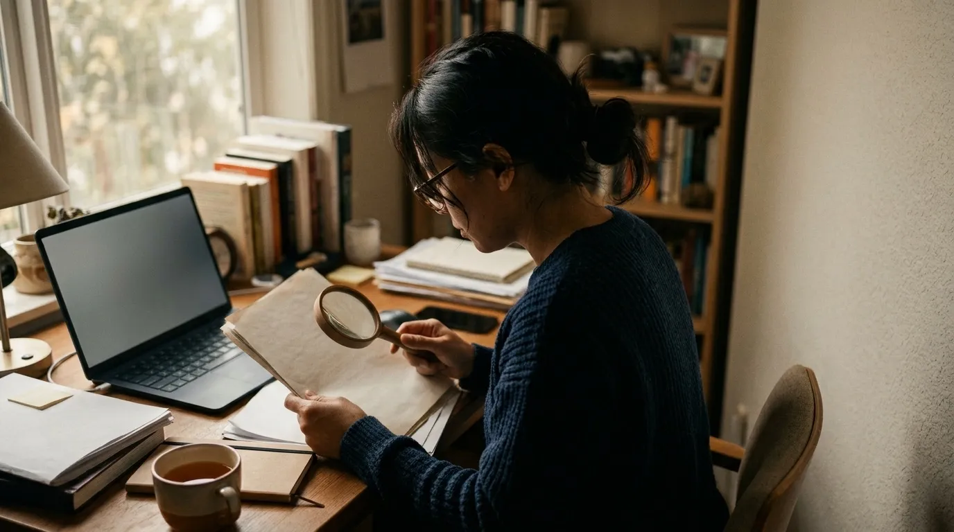 A person at a desk with a magnifying glass over printed search results, laptop open