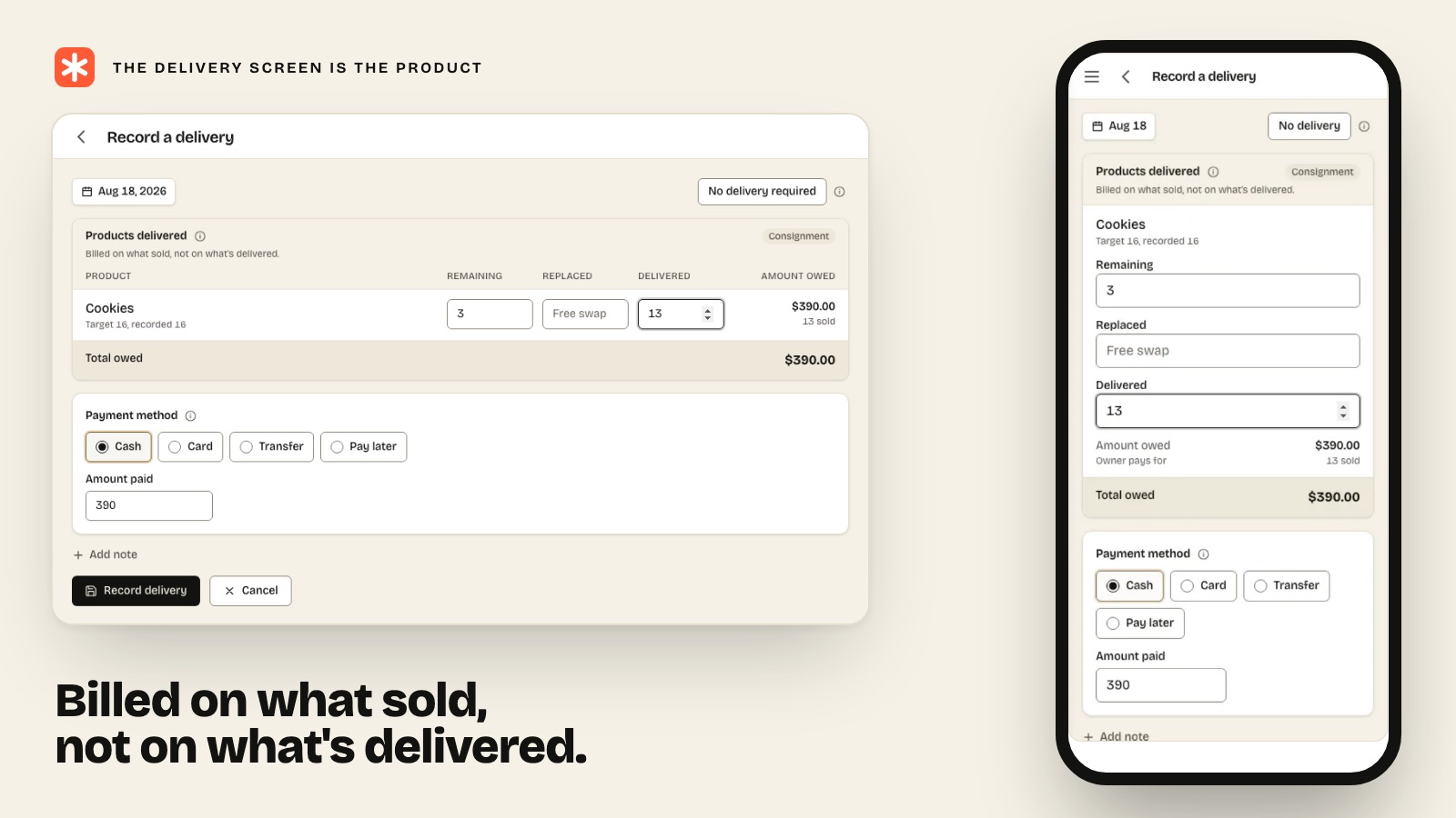 Artisanly delivery screen on desktop and mobile, billing on units sold rather than units delivered
