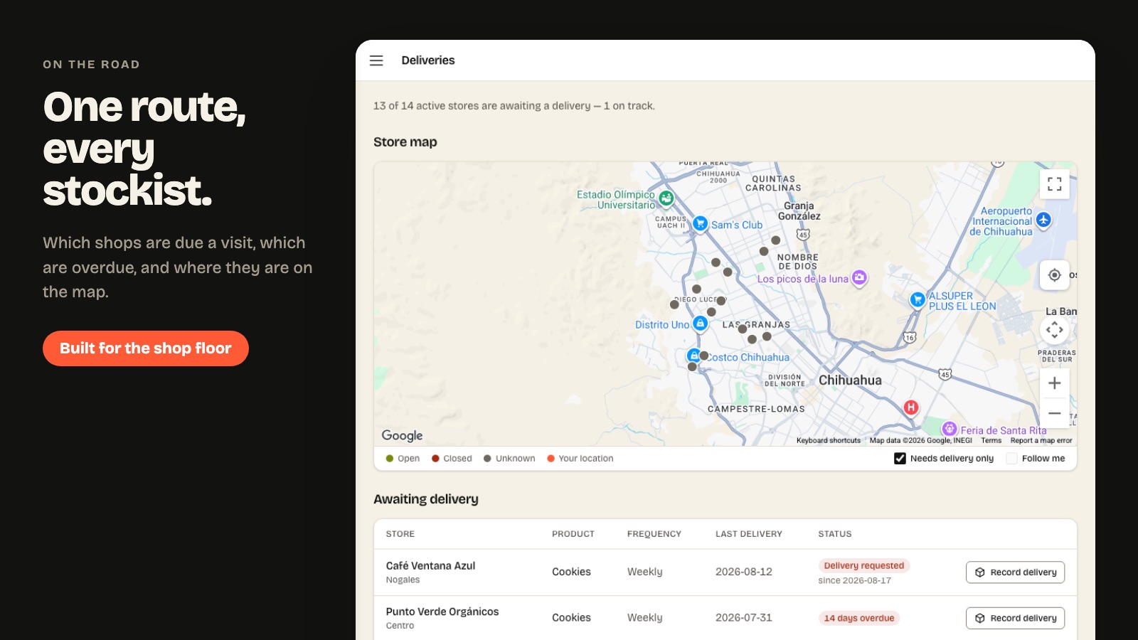 Artisanly deliveries screen with a store map and the stockists awaiting a visit
