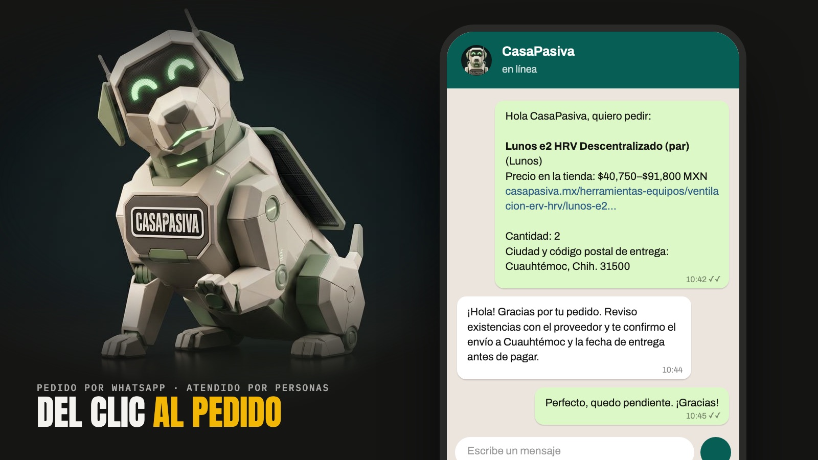 A WhatsApp order for a Lunos e2 HRV pair, pre-filled by the product page, with the agent confirming stock and delivery to Cuauhtémoc before payment