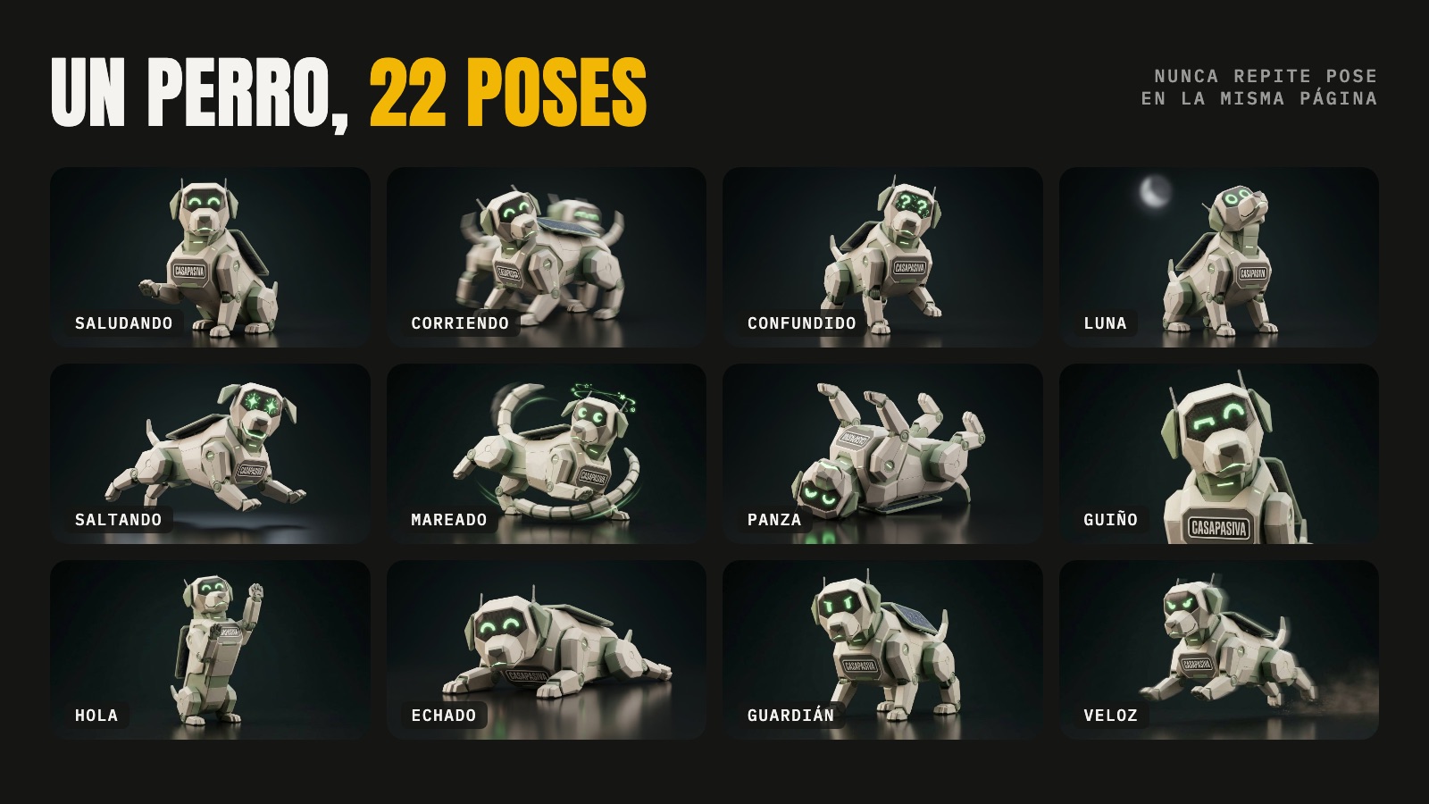 Twelve of the 22 poses of the Casa Pasiva robot-dog mascot, including waving, running, confused and looking at the moon