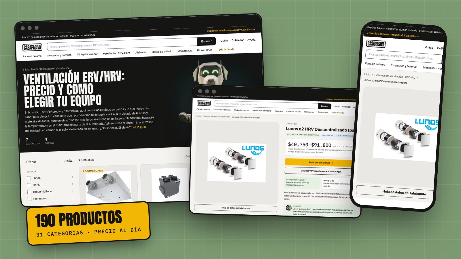 The Casa Pasiva ERV/HRV category page, a product page priced in pesos with a WhatsApp order button, and the mobile product view