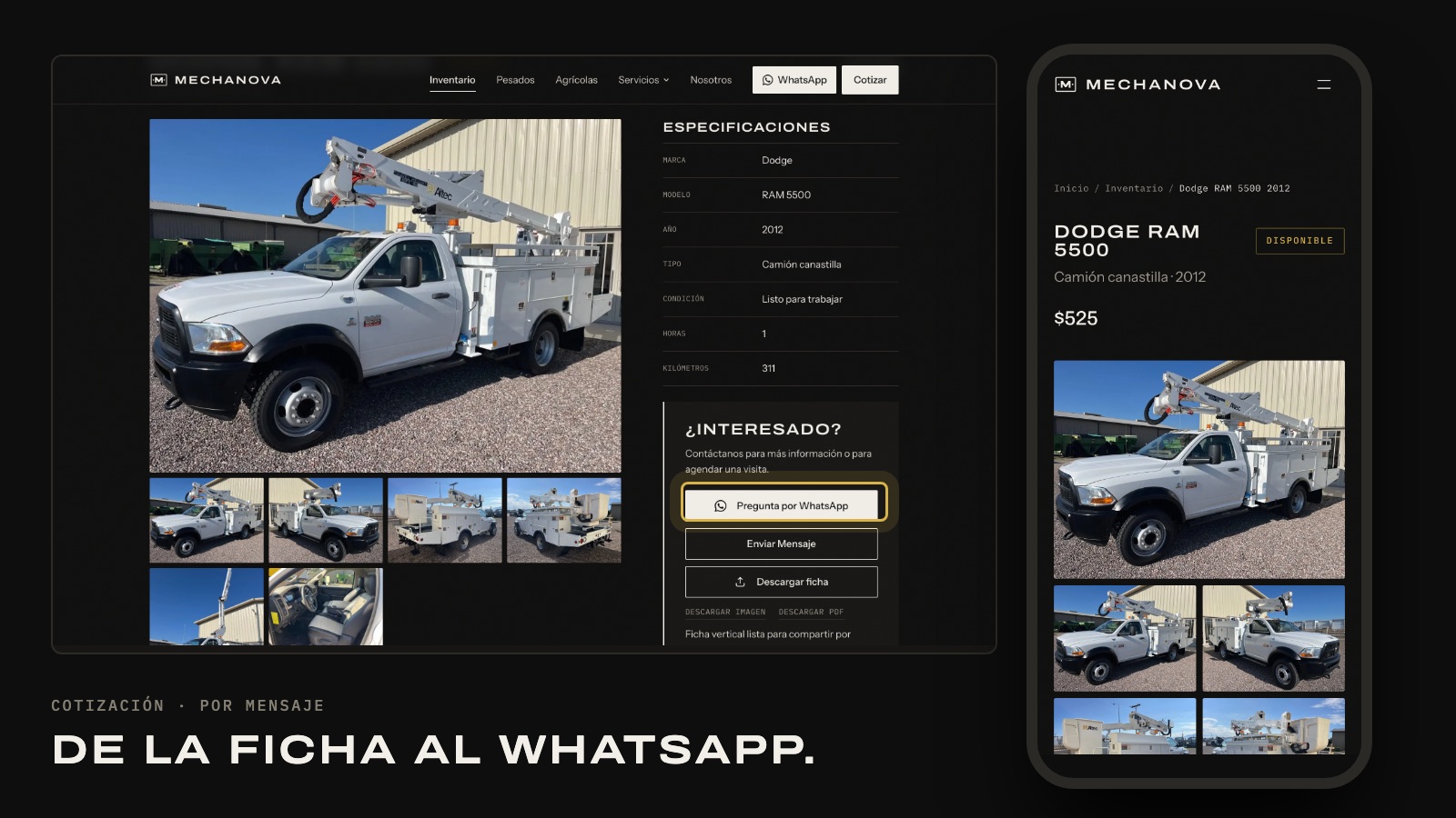 Mechanova product page for a Dodge RAM 5500 on desktop and mobile, with the