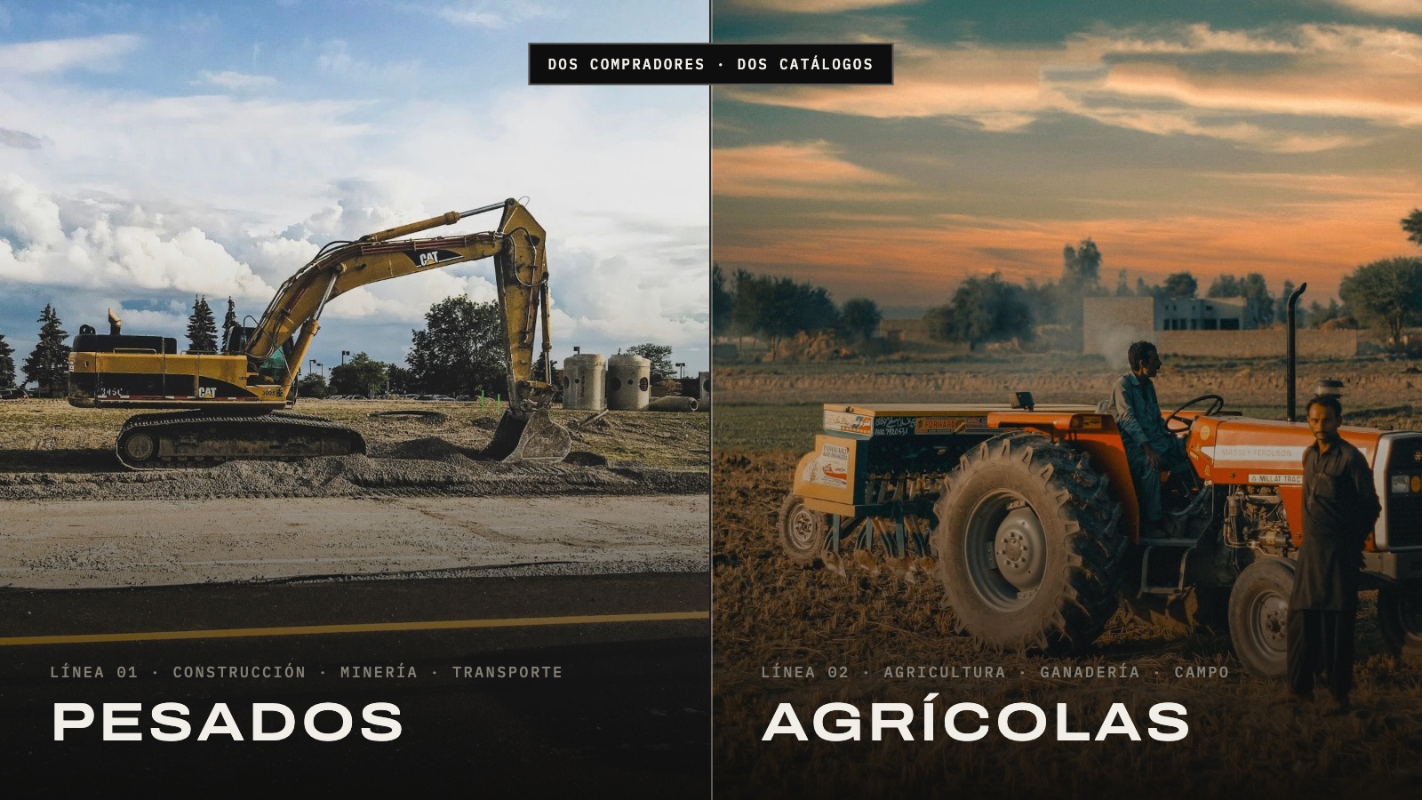 Mechanova catalog split into two lines: heavy equipment for construction, mining and transport, and agricultural equipment for the field