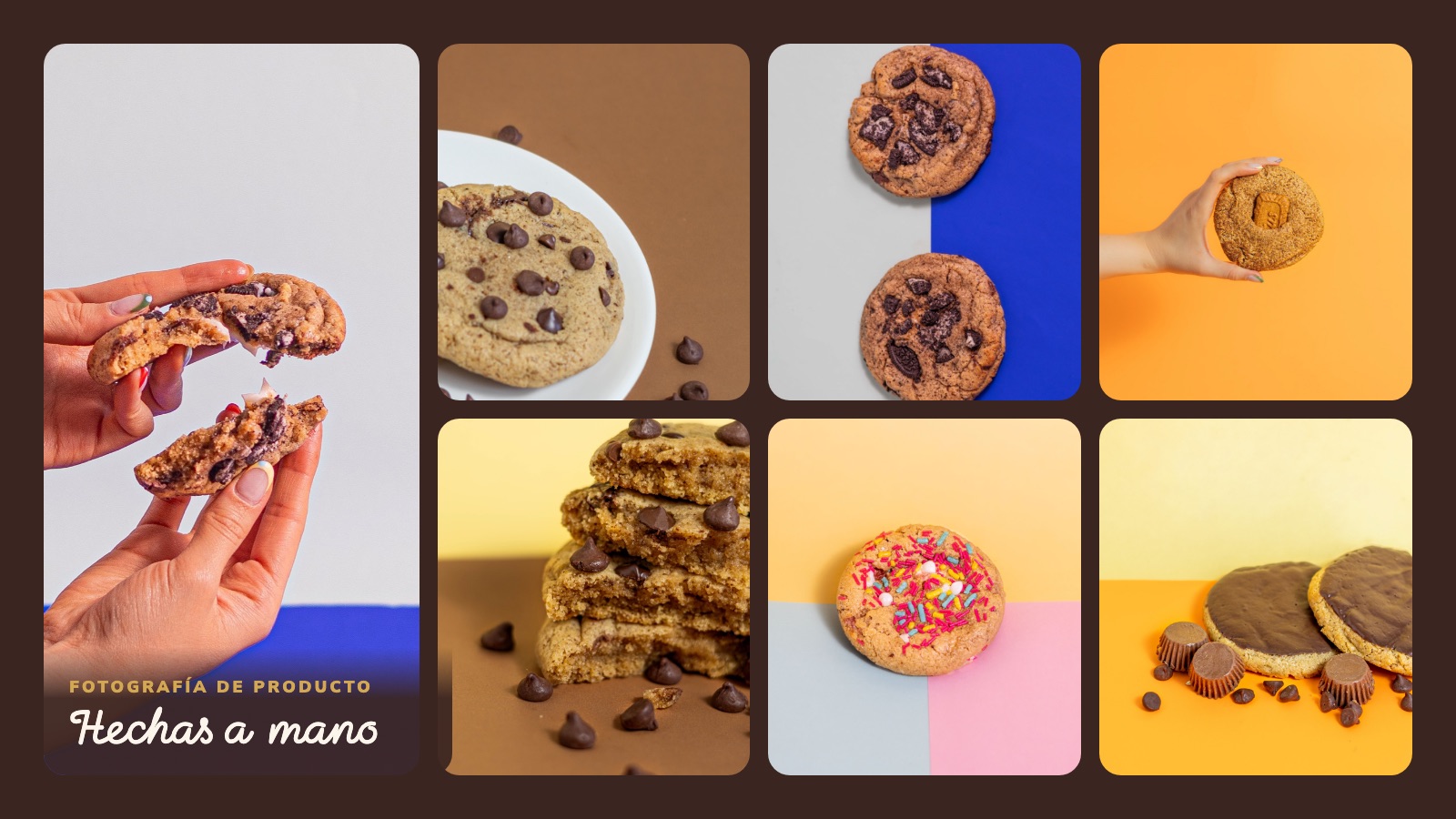 Product photography of The Cookie Stop cookies: hands breaking a cookie, chocolate chip stacks and colourful studio backdrops