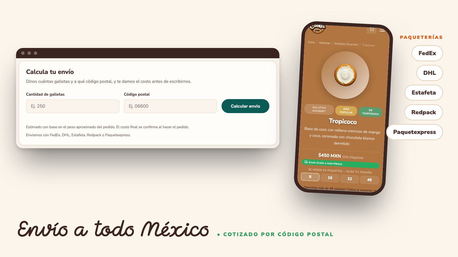 The Cookie Stop shipping calculator by quantity and postal code, a product page with free shipping, and the carriers FedEx, DHL, Estafeta, Redpack and Paquetexpress